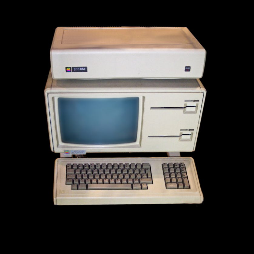 Apple Lisa z zewnętrznym twardym dyskiem Apple Profile na górze oraz z dwiema stacjami dysków 5.25 cala