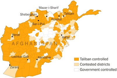 Może być zdjęciem przedstawiającym mapa i tekst „Mazar-i-Sharif Sheberghan Taligan Kunduz Sar- Sar-i-Pul Herat AFGHANISTAN AFGHA Kabul Lashkar Gah Kandahar Zaranj Taliban controlled Contested districts Government controlled”