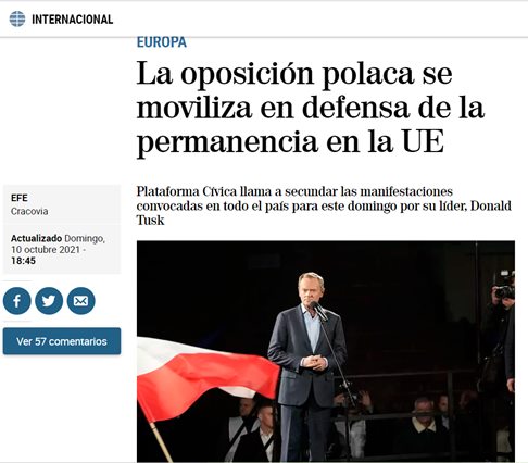 Może być zdjęciem przedstawiającym 1 osoba, stoi i tekst „INTERNACIONAL EUROPA La oposición polaca se moviliza en defensa de la permanencia en la UE EFE Cracovia Actualizado Domingo, 10 octubre 2021 18:45 Plataforma Civica llama a secundar las manifestaciones convocadas en todo el pais para este domingo por su lider, Donald Tusk f Ver 57 comentarios”