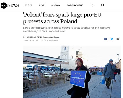 Może być zdjęciem przedstawiającym 1 osoba, stoi i tekst „abc NEWS VIDEO LIVE SHOWS CORONAVIRUS 'Polexit' fears spark large pro-EU protests across Poland Large protests were held across Poland to show support for the country's membership in the European Union By VANESSA GERA Assoclated Press 10 October 2021, 21:01 Tun read”