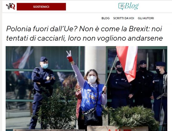 Może być zdjęciem przedstawiającym 1 osoba, stoi, na świeżym powietrzu i tekst „SOSTIENICI Blog GLIAUTORI BLOG SCRITTI DA VOI Polonia fuori dall'Ue? Non è come come la Brexit: noi tentati di cacciarli, loro non vogliono andarsene”