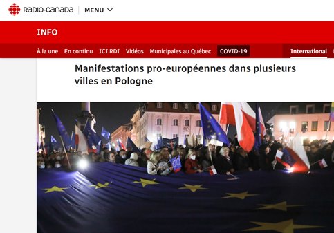 Może być zdjęciem przedstawiającym co najmniej jedna osoba, ludzie stoją i tekst „RADIO-CAnADA MENU INFO n Alaune Encontinu ICIRDI Vidéos Municipales au Québec COVID-19 Manifestations pro-européennes dans plusieurs villes en Pologne International”