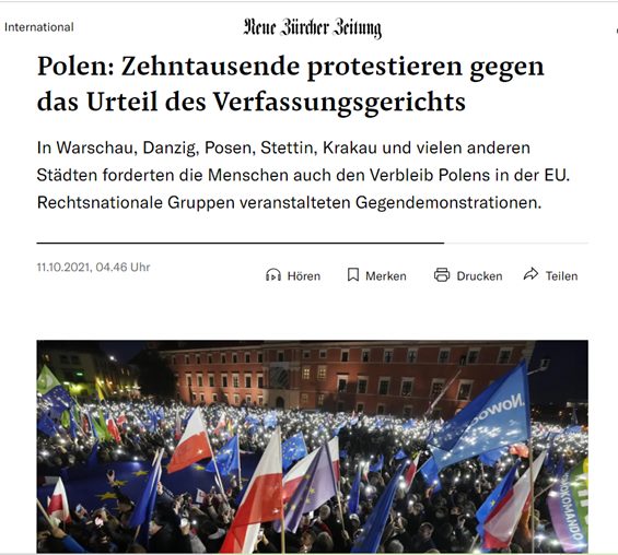 Może być zdjęciem przedstawiającym co najmniej jedna osoba, ludzie stoją i tekst „International Heue 3ürder 3ritung Polen: Zehntausende protestieren gegen das Urteil des Verfassungsgerichts In Warschau, Danzig, Posen, Stettin, Krakau und vielen anderen Städten forderten die Menschen auch den Verbleib Polens in der EU. Rechtsnationale Gruppen veranstalteten Gegendemonstrationen. 11.10.2021, 04.46 Uhr Hören Merken Drucken Teilen Powoй”